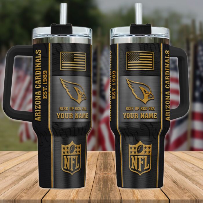 Arizona Cardinals NFL Personalized 40oz Stanley Tumbler Black Gold US Flag Tumbler