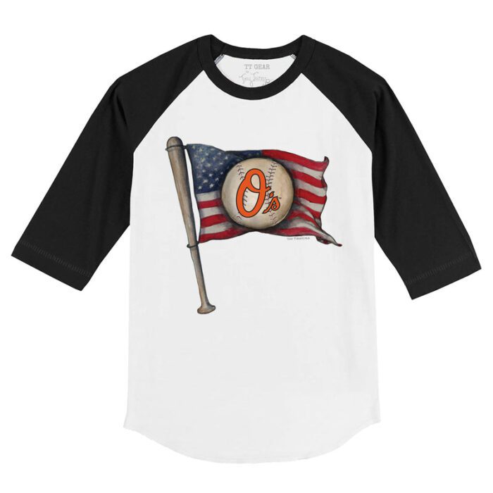 Baltimore Orioles Baseball Flag 3/4 Black Sleeve Raglan Shirt