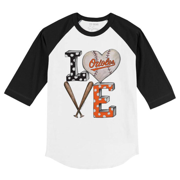 Baltimore Orioles Baseball LOVE 3/4 Black Sleeve Raglan Shirt