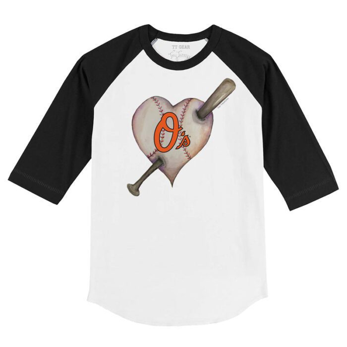 Baltimore Orioles Heart Bat 3/4 Black Sleeve Raglan Shirt