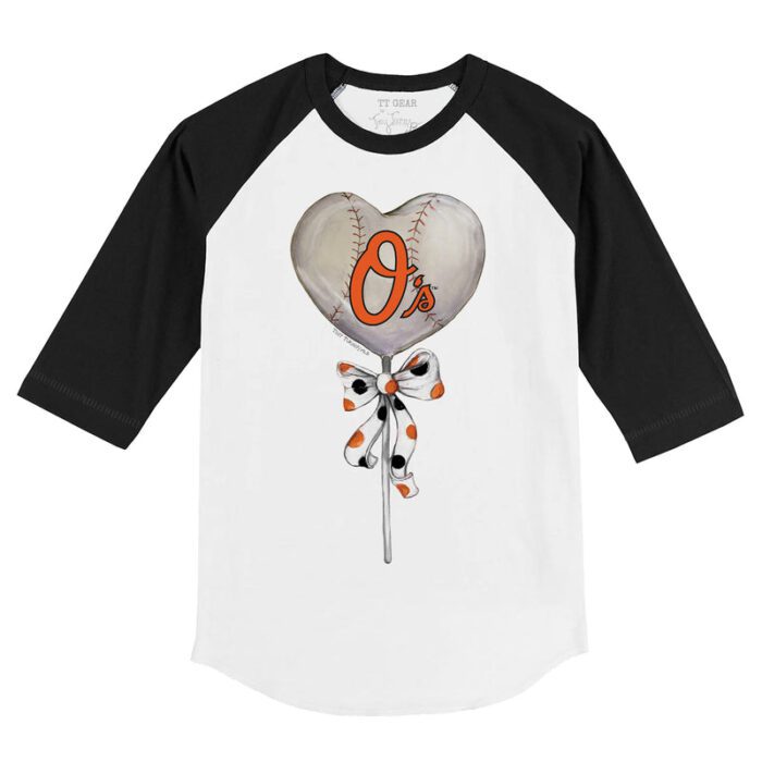 Baltimore Orioles Heart Lolly 3/4 Black Sleeve Raglan Shirt