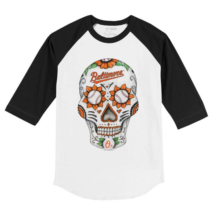 Baltimore Orioles Sugar Skull 3/4 Black Sleeve Raglan Shirt
