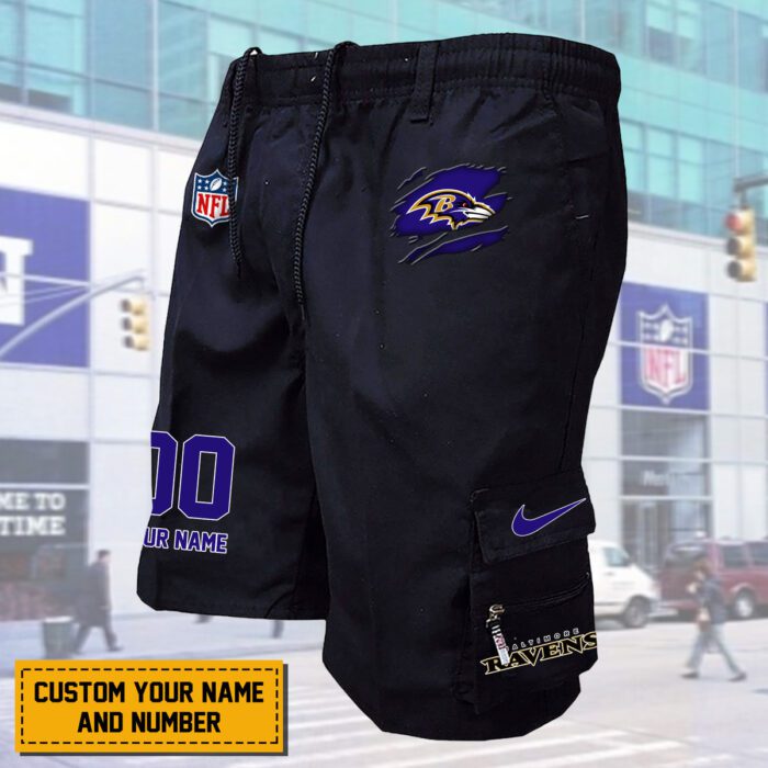 Baltimore Ravens NFL Custom Name & Number Multi-pocket Mens Cargo Shorts Outdoor Shorts WMS2137