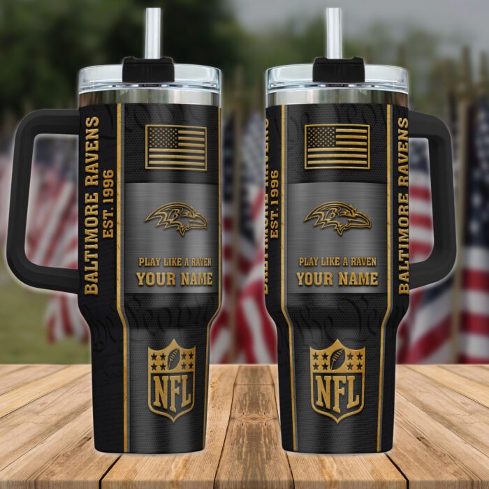 Baltimore Ravens NFL Personalized 40oz Stanley Tumbler Black Gold US Flag Tumbler