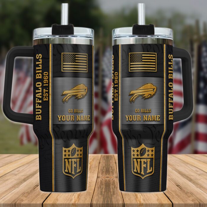 Buffalo Bills NFL Personalized 40oz Stanley Tumbler Black Gold US Flag Tumbler