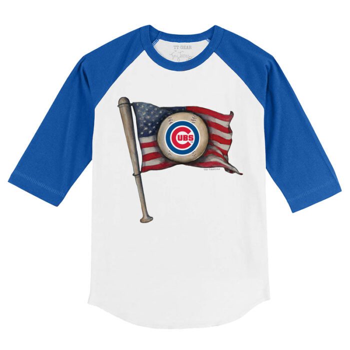 Chicago Cubs Baseball Flag 3/4 Royal Blue Sleeve Raglan Shirt