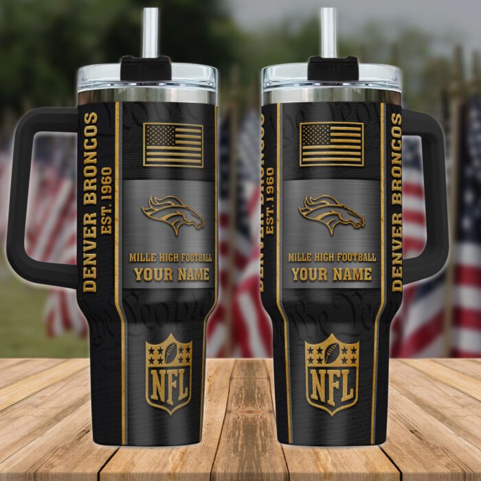 Denver Broncos NFL Personalized 40oz Stanley Tumbler Black Gold US Flag Tumbler