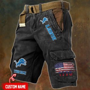 Detroit Lions NFL Personalized Pocket Print Cargo Shorts V2 With Flag MCS1304