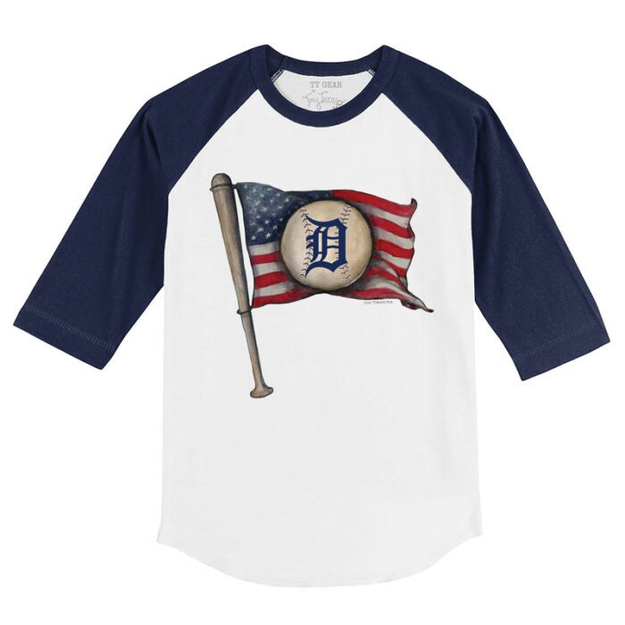 Detroit Tigers Baseball Flag 3/4 Navy Blue Sleeve Raglan Shirt