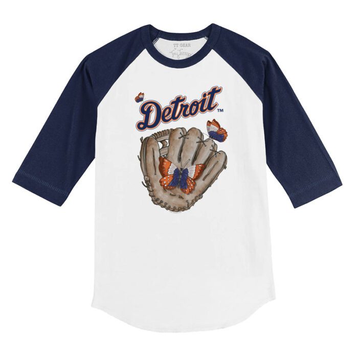 Detroit Tigers Butterfly Glove 3/4 Navy Blue Sleeve Raglan Shirt