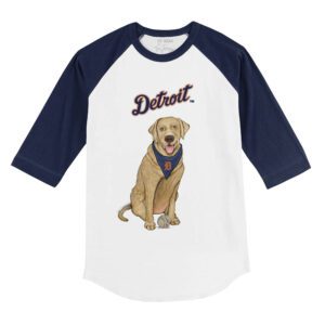 Detroit Tigers Yellow Labrador Retriever 3/4 Navy Blue Sleeve Raglan Shirt