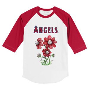 Los Angeles Angels Blooming Baseballs 3/4 Red Sleeve Raglan Shirt