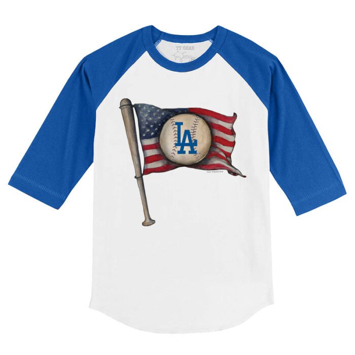 Los Angeles Dodgers Baseball Flag 3/4 Royal Blue Sleeve Raglan Shirt