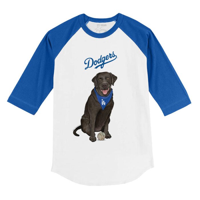 Los Angeles Dodgers Black Labrador Retriever 3/4 Royal Blue Sleeve Raglan Shirt