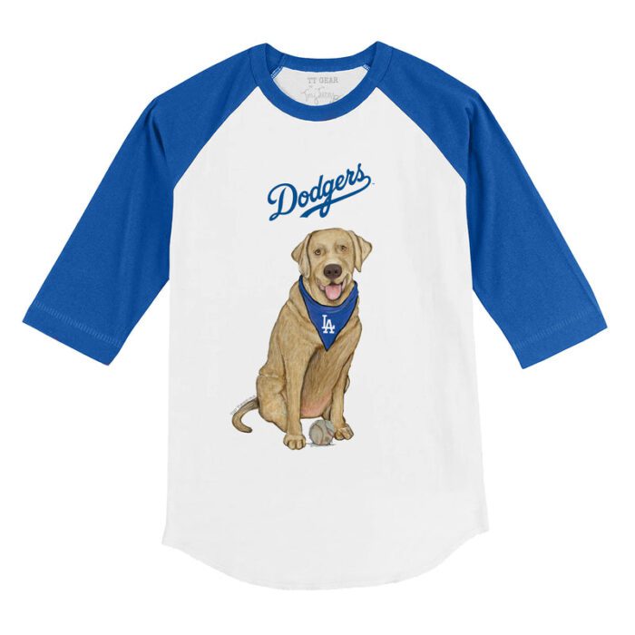 Los Angeles Dodgers Yellow Labrador Retriever 3/4 Royal Blue Sleeve Raglan Shirt