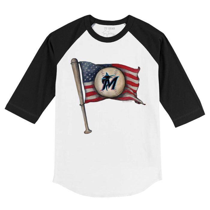 Miami Marlins Baseball Flag 3/4 Black Sleeve Raglan Shirt