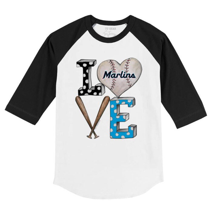 Miami Marlins Baseball LOVE 3/4 Black Sleeve Raglan Shirt