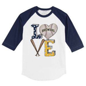 Milwaukee Brewers Baseball LOVE 3/4 Navy Blue Sleeve Raglan Shirt