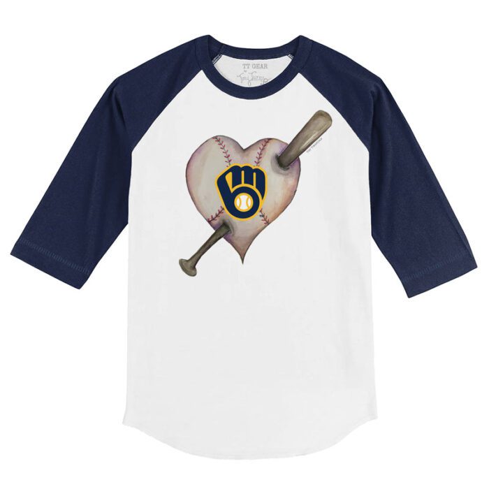 Milwaukee Brewers Heart Bat 3/4 Navy Blue Sleeve Raglan Shirt