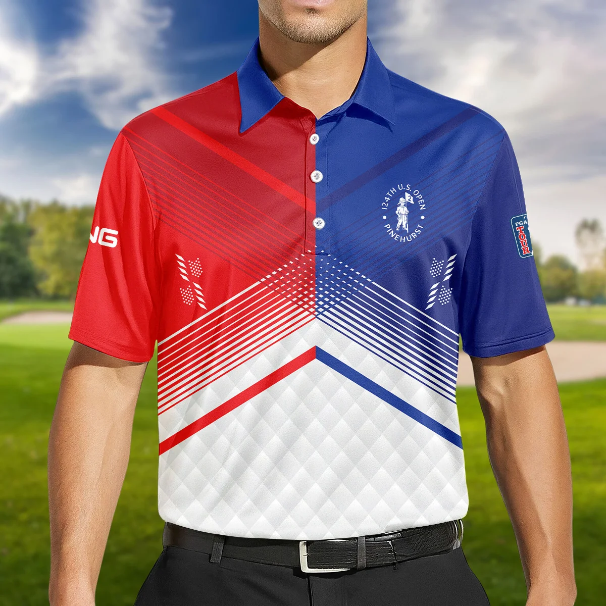 Ping 124th U.S. Open Pinehurst Blue Red Line White Abstract Polo Shirt Style Classic PLK1376