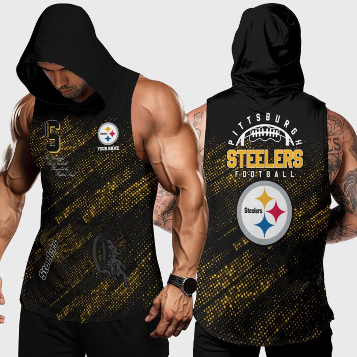 Pittsburgh Steelers NFL Men Workout Hoodie Tank Tops Custom Name WHT1091