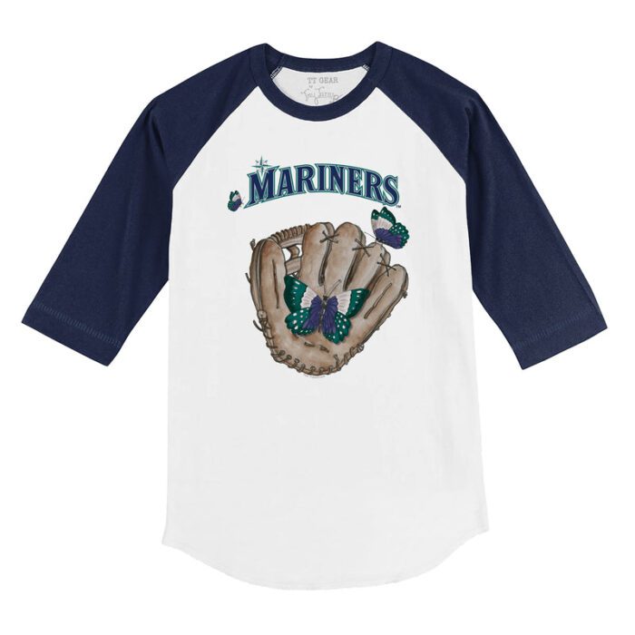 Seattle Mariners Butterfly Glove 3/4 Navy Blue Sleeve Raglan Shirt