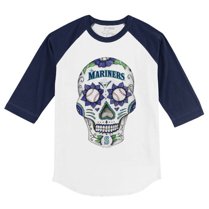 Seattle Mariners Sugar Skull 3/4 Navy Blue Sleeve Raglan Shirt