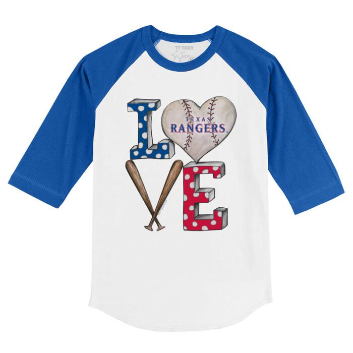 Texas Rangers Baseball LOVE 3/4 Royal Blue Sleeve Raglan Shirt