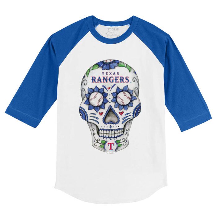 Texas Rangers Sugar Skull 3/4 Royal Blue Sleeve Raglan Shirt