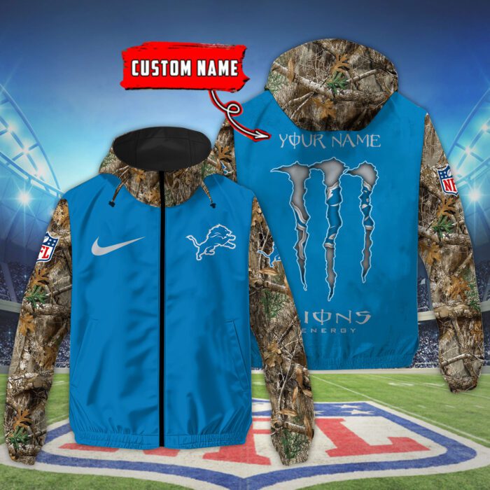 Detroit Lions NFL Windbreaker Outdoor Camo Jacket Custom Name WWB1074