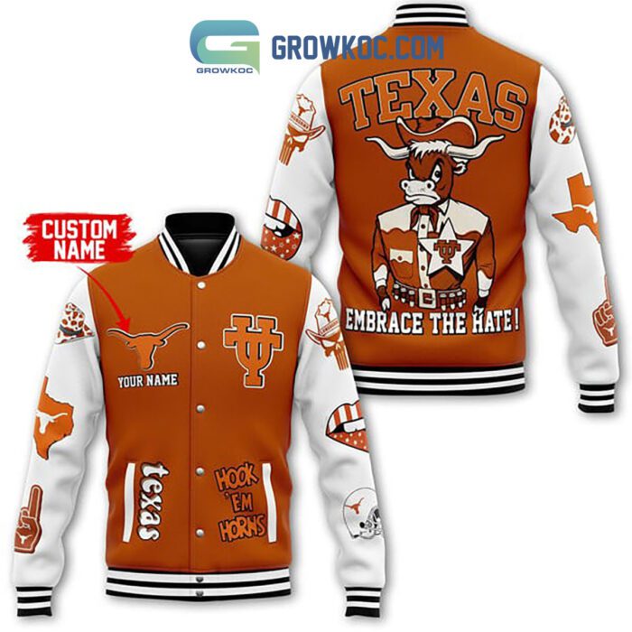 Texas Longhorns Embrace The Hate Personalized Baseball Jacket GBJ1492