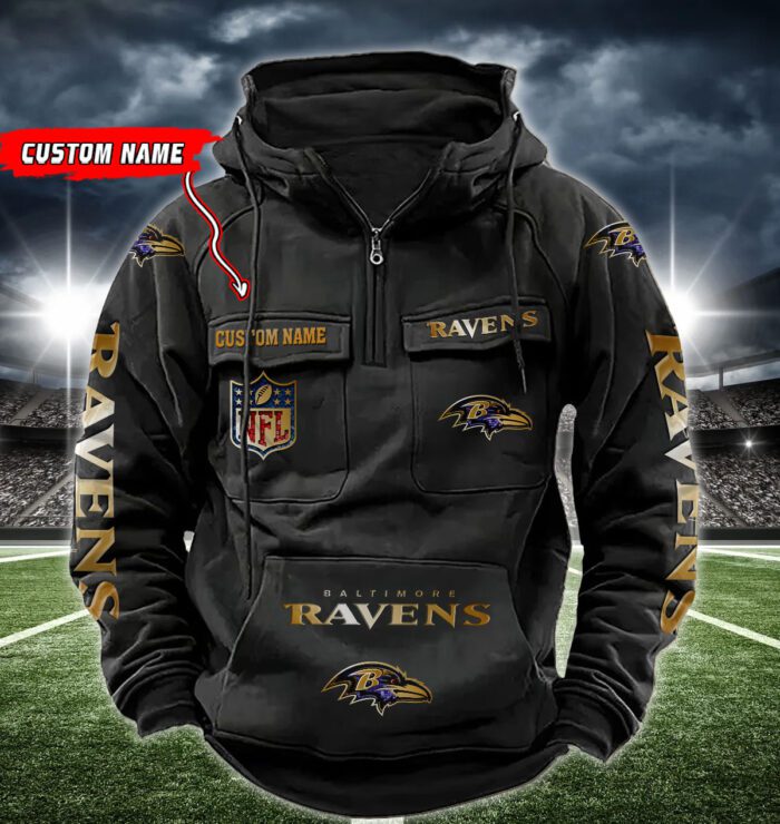 Baltimore Ravens NFL Golden Logo Quarter Zip Vintage Hoodie Custom Name WVH1001