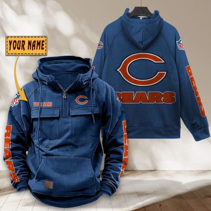 Chicago Bears NFL Personalized Multi Pocket Quarter Zip Vintage Hoodie WVH1039