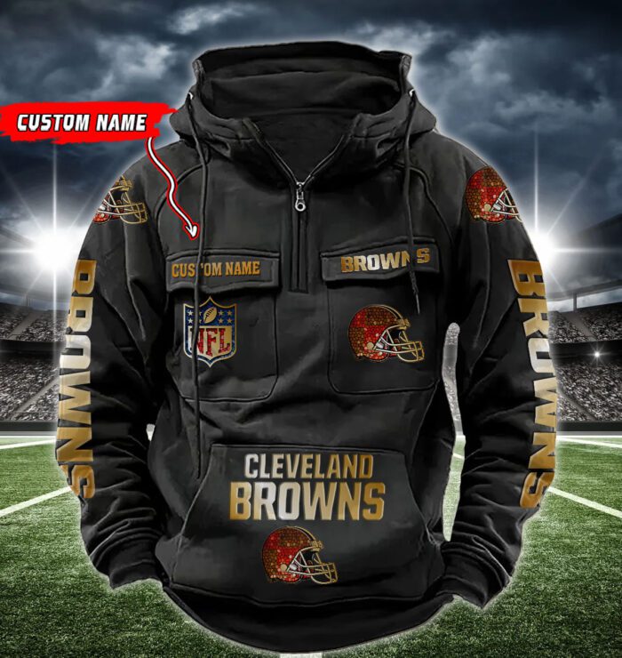 Cleveland Browns NFL Golden Logo Quarter Zip Vintage Hoodie Custom Name WVH1007