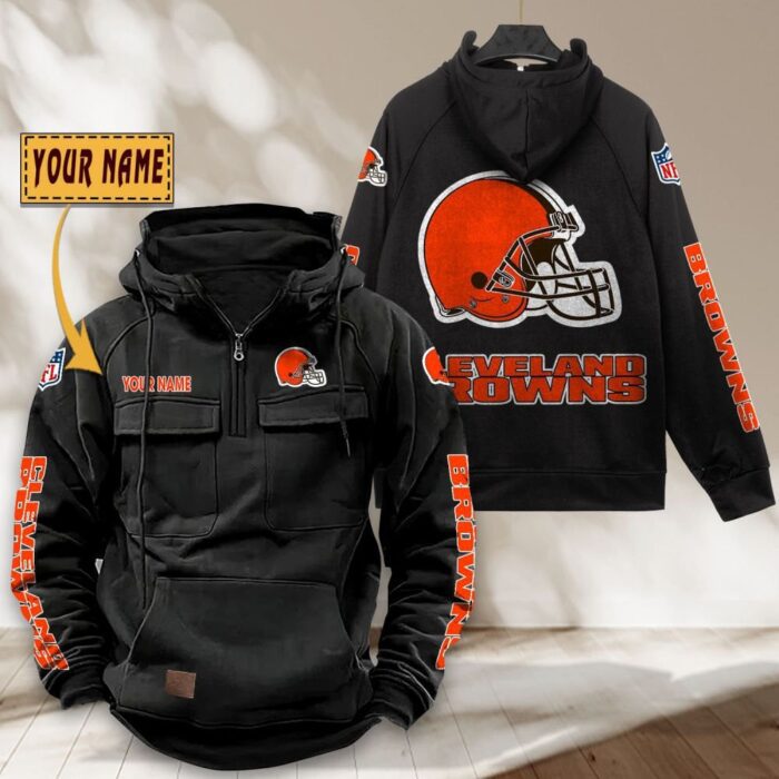 Cleveland Browns NFL Personalized Multi Pocket Quarter Zip Vintage Hoodie WVH1041