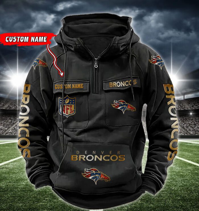 Denver Broncos NFL Golden Logo Quarter Zip Vintage Hoodie Custom Name WVH1004