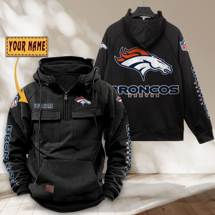 Denver Broncos NFL Personalized Multi Pocket Quarter Zip Vintage Hoodie WVH1040