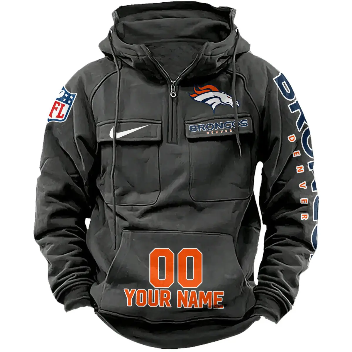 Denver Broncos NFL Swoosh Personalized Vintage Hoodie Quarter Zip Retro Hoodie WRH1008