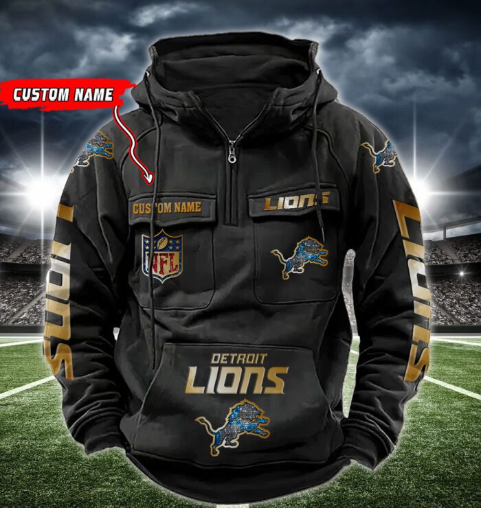 Detroit Lions NFL Golden Logo Quarter Zip Vintage Hoodie Custom Name WVH1015