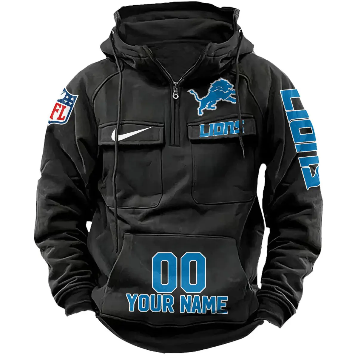 Detroit Lions NFL Swoosh Personalized Vintage Hoodie Quarter Zip Retro Hoodie WRH1010