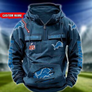 Detroit Lions NFL Vintage Hoodie Quarter Zip Retro Hoodie Custom Any Name  WRH1074