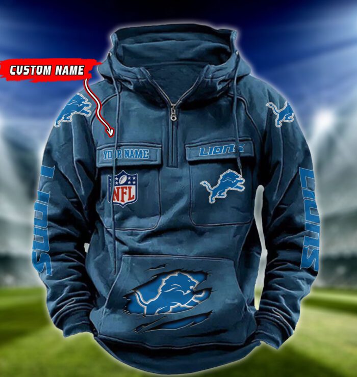 Detroit Lions NFL Vintage Hoodie Quarter Zip Retro Hoodie Custom Any Name  WRH1074