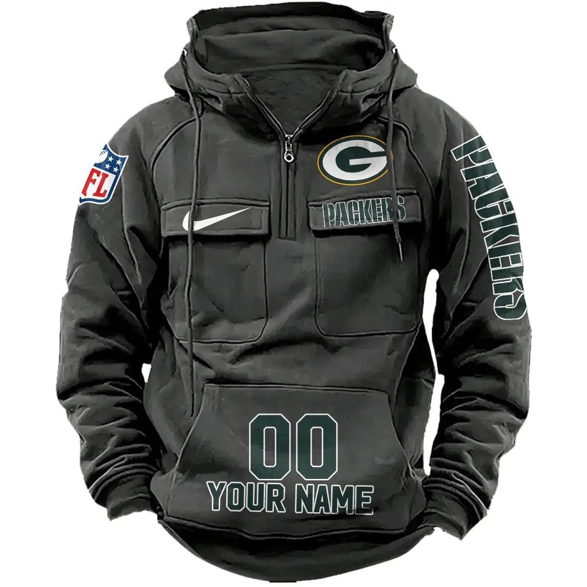 Green Bay Packers NFL Swoosh Personalized Vintage Hoodie Quarter Zip Retro Hoodie WRH1011