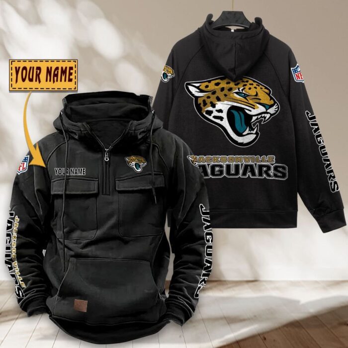 Jacksonville Jaguars NFL Personalized Multi Pocket Quarter Zip Vintage Hoodie WVH1048