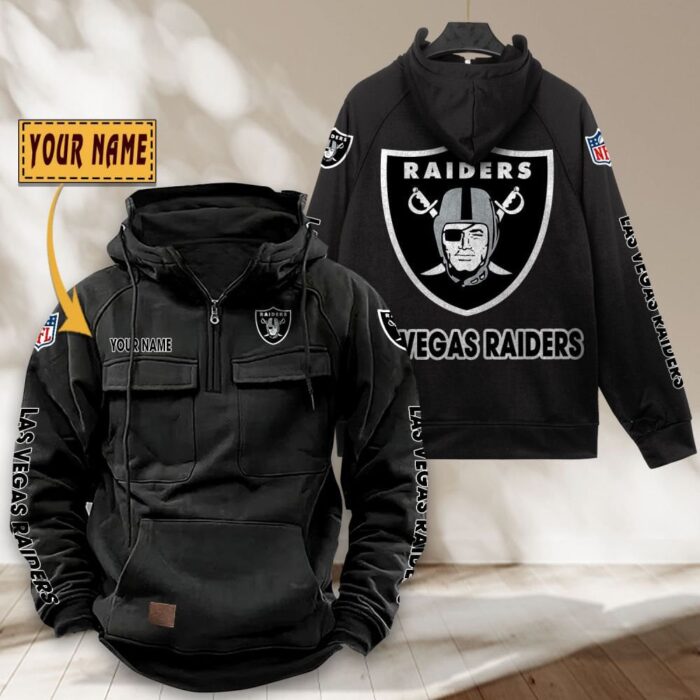 Las Vegas Raiders NFL Personalized Multi Pocket Quarter Zip Vintage Hoodie WVH1046