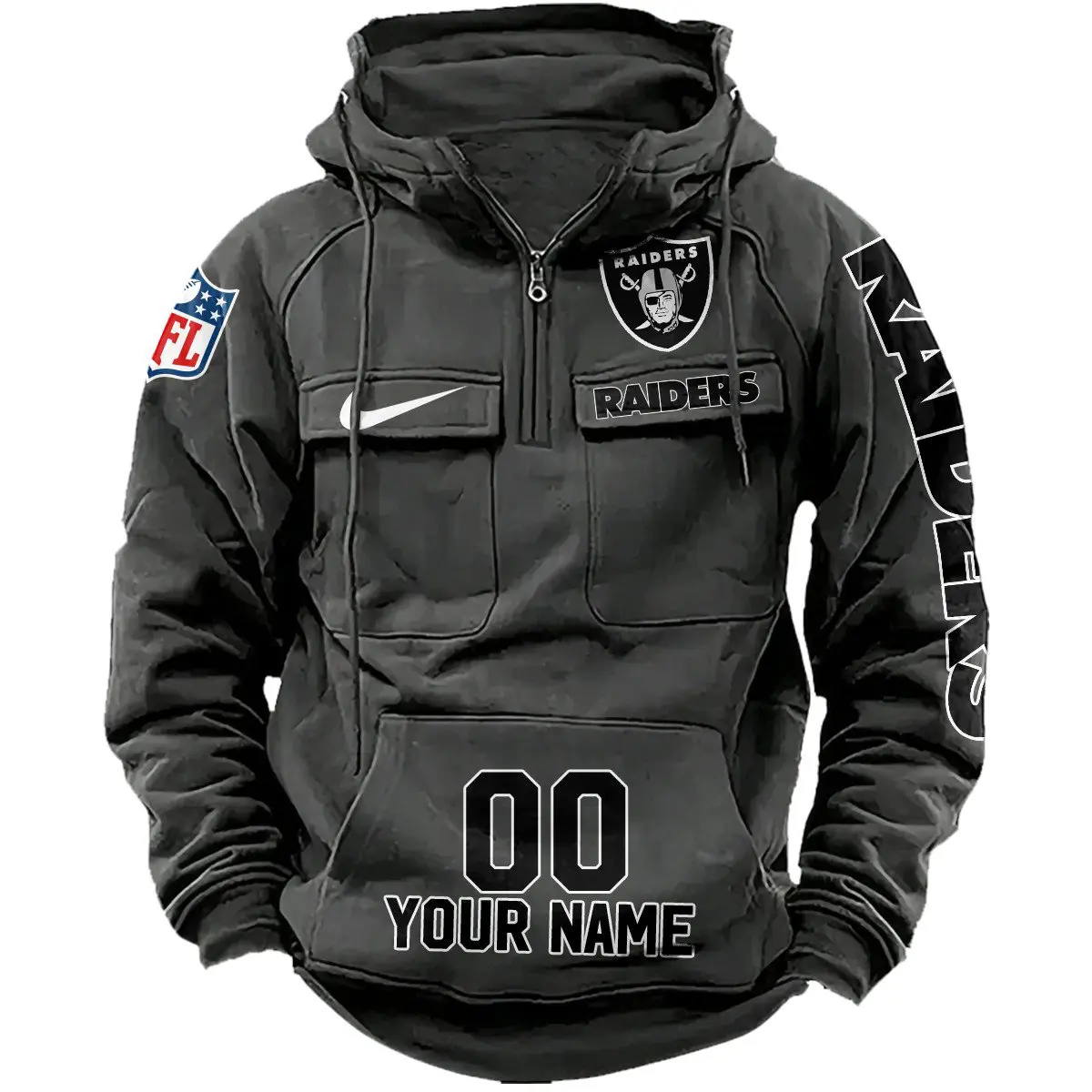 Las Vegas Raiders NFL Swoosh Personalized Vintage Hoodie Quarter Zip Retro Hoodie WRH1014