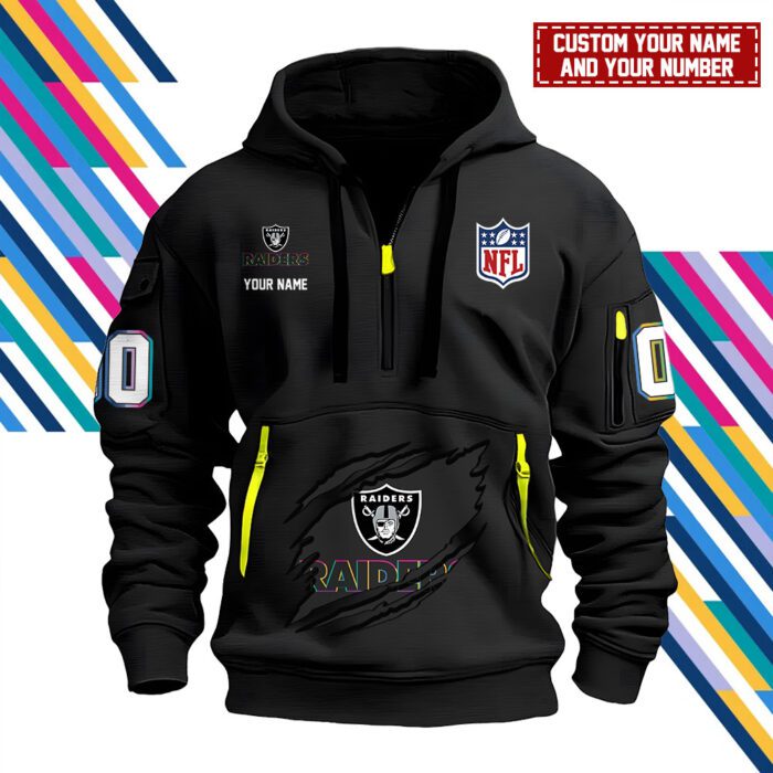 Las Vegas Raiders Personalized NFL Crucial Catch Intercept Cancer 2024 Quarter Zip Hoodie WQH5145