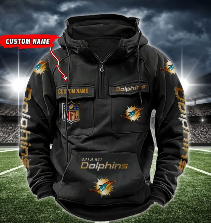 Miami Dolphins NFL Golden Logo Quarter Zip Vintage Hoodie Custom Name WVH1018