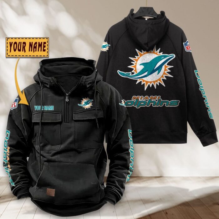 Miami Dolphins NFL Personalized Multi Pocket Quarter Zip Vintage Hoodie WVH1051