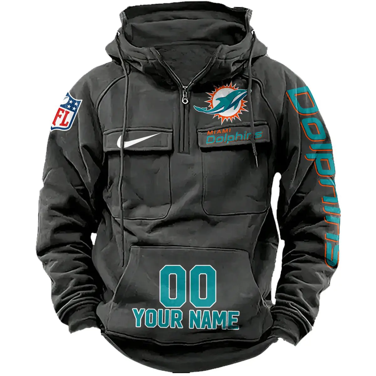 Miami Dolphins NFL Swoosh Personalized Vintage Hoodie Quarter Zip Retro Hoodie WRH1020